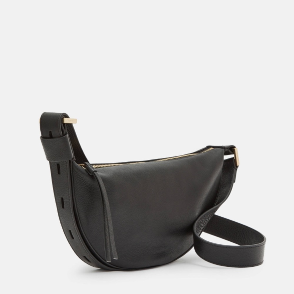 All Saints Half Moon Leather Crossbody Bag in Black